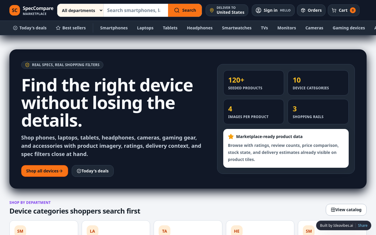 Screenshot of SpecCompare, an e-commerce store built with Ideavibes AI |ideavibes ai