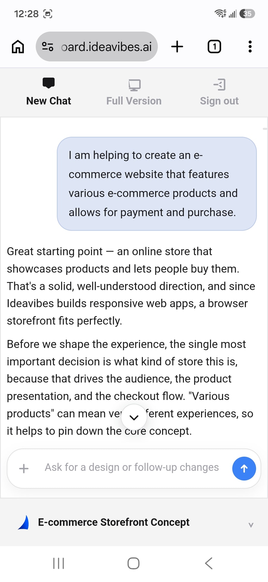 Refine an online store concept through mobile Idea Chat |ideavibes ai