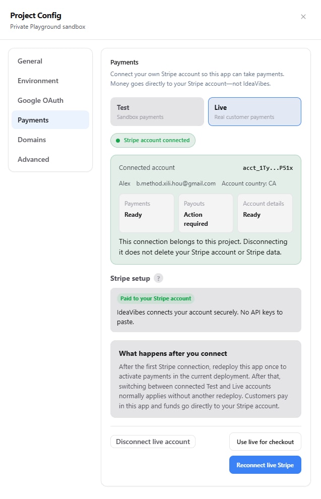 Stripe Live account connected and available to use for checkout |ideavibes ai