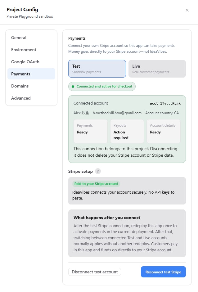 Stripe Test mode with sandbox checkout active |ideavibes ai