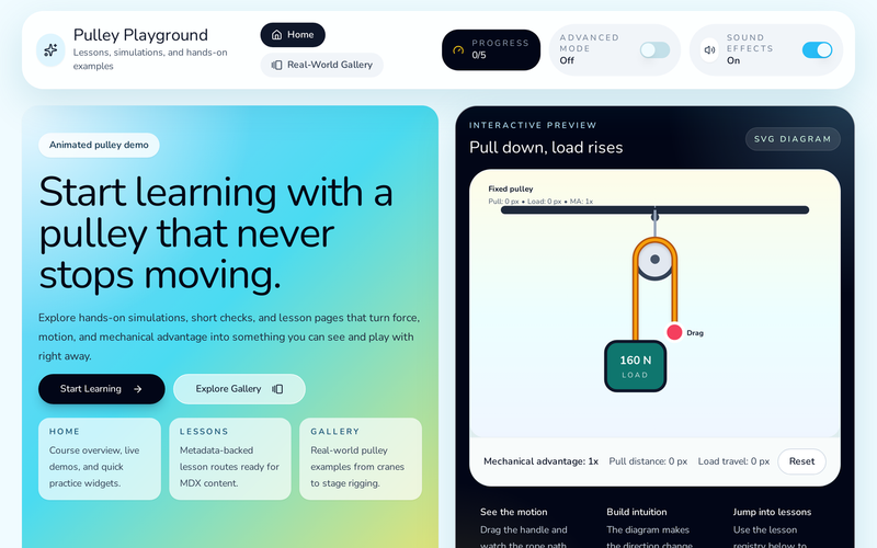 Screenshot of Pulley Playground, an interactive simulation |ideavibes ai